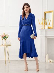 Modelyn 花卉圖案提花青果領魚尾裙下擺腰帶緞面洋裝