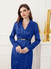 Modelyn 花卉圖案提花青果領魚尾裙下擺腰帶緞面洋裝