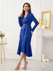 Modelyn 花卉圖案提花青果領魚尾裙下擺腰帶緞面洋裝