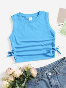 SHEIN Girls Ruched Knot Side Tank Top - Mint Blue - View 1