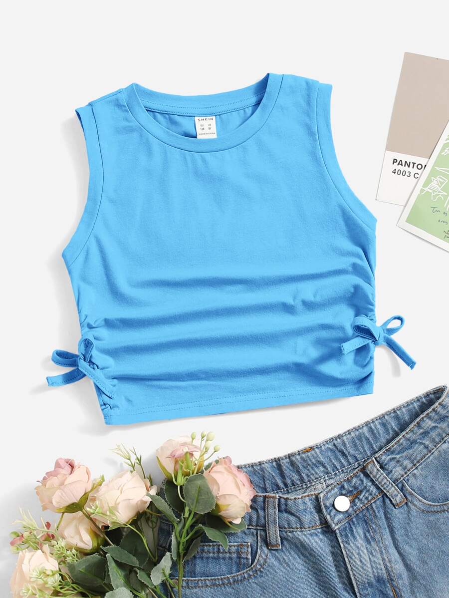 SHEIN Girls Ruched Knot Side Tank Top - Mint Blue - View 1