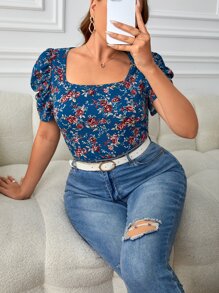 SHEIN Privé Camiseta con estampado floral de manga farol - Multicolor - Ver 1