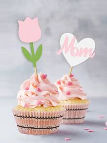 12 件心形“妈妈”和玫瑰花母亲节蛋糕装饰，2 种款式，每种 6 件，共 12 件/包，母亲节快乐派对蛋糕装饰 - 彩色 - 查看 1
