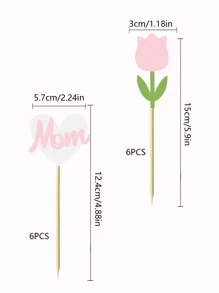 12 件心形“妈妈”和玫瑰花母亲节蛋糕装饰，2 种款式，每种 6 件，共 12 件/包，母亲节快乐派对蛋糕装饰 - 彩色 - 查看 2