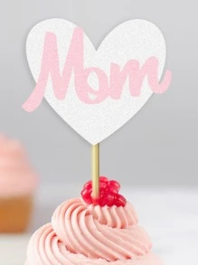 12 件心形“妈妈”和玫瑰花母亲节蛋糕装饰，2 种款式，每种 6 件，共 12 件/包，母亲节快乐派对蛋糕装饰 - 彩色 - 查看 3