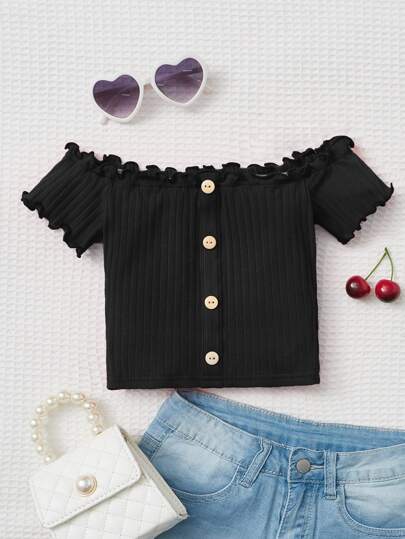 SHEIN Young Girl Off Shoulder Frill Trim Button Front Tee