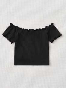 SHEIN Young Girl Off Shoulder Frill Trim Button Front Tee