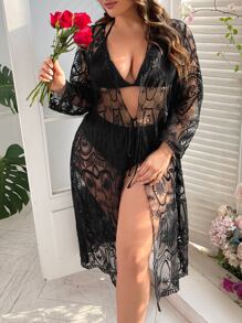 Plus Floral Embroidery Mesh Tie Front Kimono Without Bikini Sets - Black - View 1