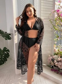 Plus Floral Embroidery Mesh Tie Front Kimono Without Bikini Sets - Black - View 4