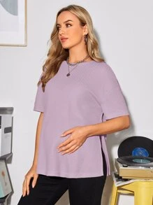 SHEIN Maternity Drop Shoulder Split Hem Waffle Knit Tee - Lilac Purple - View 3