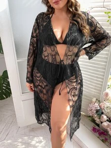 Plus Floral Embroidery Mesh Tie Front Kimono Without Bikini Sets - Black - View 5