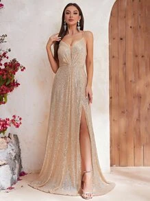 YISIKADO Đầm Ren lên Dây kéo Tách cao màu trơn Buổi tiệc - Rượu sâm banh - Xem 1