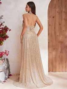 YISIKADO Đầm Ren lên Dây kéo Tách cao màu trơn Buổi tiệc - Rượu sâm banh - Xem 2