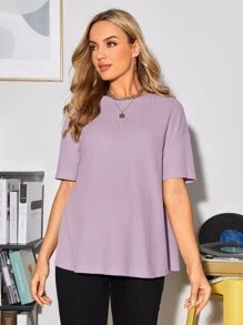 SHEIN Maternity Drop Shoulder Split Hem Waffle Knit Tee - Lilac Purple - View 6