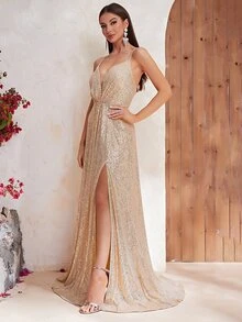 YISIKADO Đầm Ren lên Dây kéo Tách cao màu trơn Buổi tiệc - Rượu sâm banh - Xem 3