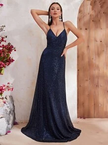 YISIKADO Đầm Lộ Lưng Ren lên màu trơn Buổi tiệc - Màu xanh hải quân - Xem 1