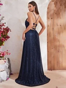 YISIKADO Đầm Lộ Lưng Ren lên màu trơn Buổi tiệc - Màu xanh hải quân - Xem 2