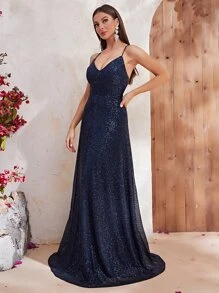 YISIKADO Đầm Lộ Lưng Ren lên màu trơn Buổi tiệc - Màu xanh hải quân - Xem 3