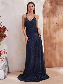 YISIKADO Đầm Lộ Lưng Ren lên màu trơn Buổi tiệc - Màu xanh hải quân - Xem 5