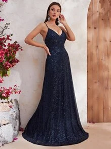 YISIKADO Đầm Lộ Lưng Ren lên màu trơn Buổi tiệc - Màu xanh hải quân - Xem 6