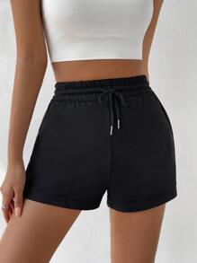 SHEIN EZwear Drawstring Waist Track Shorts - Black - View 1