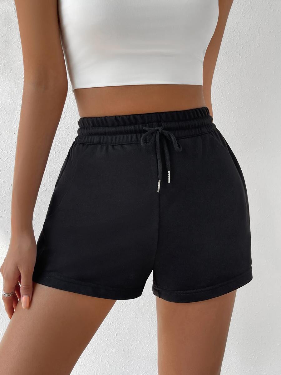 SHEIN EZwear Drawstring Waist Track Shorts - Black - View 1