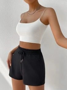 SHEIN EZwear Drawstring Waist Track Shorts - Black - View 6