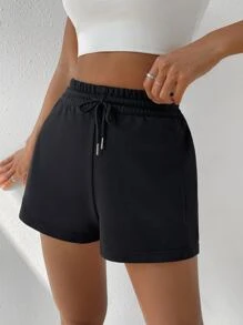 SHEIN EZwear Drawstring Waist Track Shorts - Black - View 3