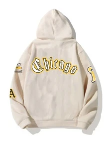 Manfinity EZcore 男款寬鬆設計口號圖形拉鍊連帽衫,設有保暖內裡和可調節束繩 - 卡其色 - 查看 2