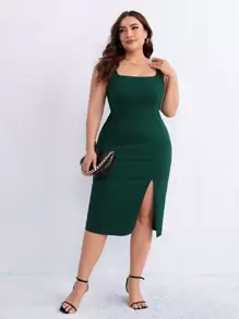 SHEIN Privé Plus Split Thigh Bodycon Dress - Dark Green - View 1