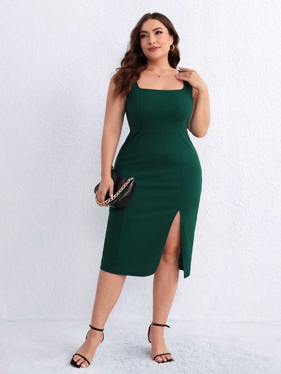 SHEIN Privé Plus Split Thigh Bodycon Dress - Dark Green - View 1