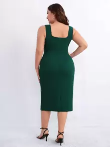 SHEIN Privé Plus Split Thigh Bodycon Dress - Dark Green - View 2
