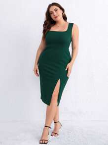 SHEIN Privé Plus Split Thigh Bodycon Dress - Dark Green - View 3
