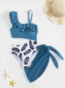 Girls Feather Print Ruffle Trim One Piece Swimsuit With Beach Skirt - Blue and White - View 5