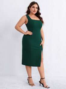 SHEIN Privé Plus Split Thigh Bodycon Dress - Dark Green - View 4