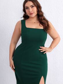 SHEIN Privé Plus Split Thigh Bodycon Dress - Dark Green - View 5