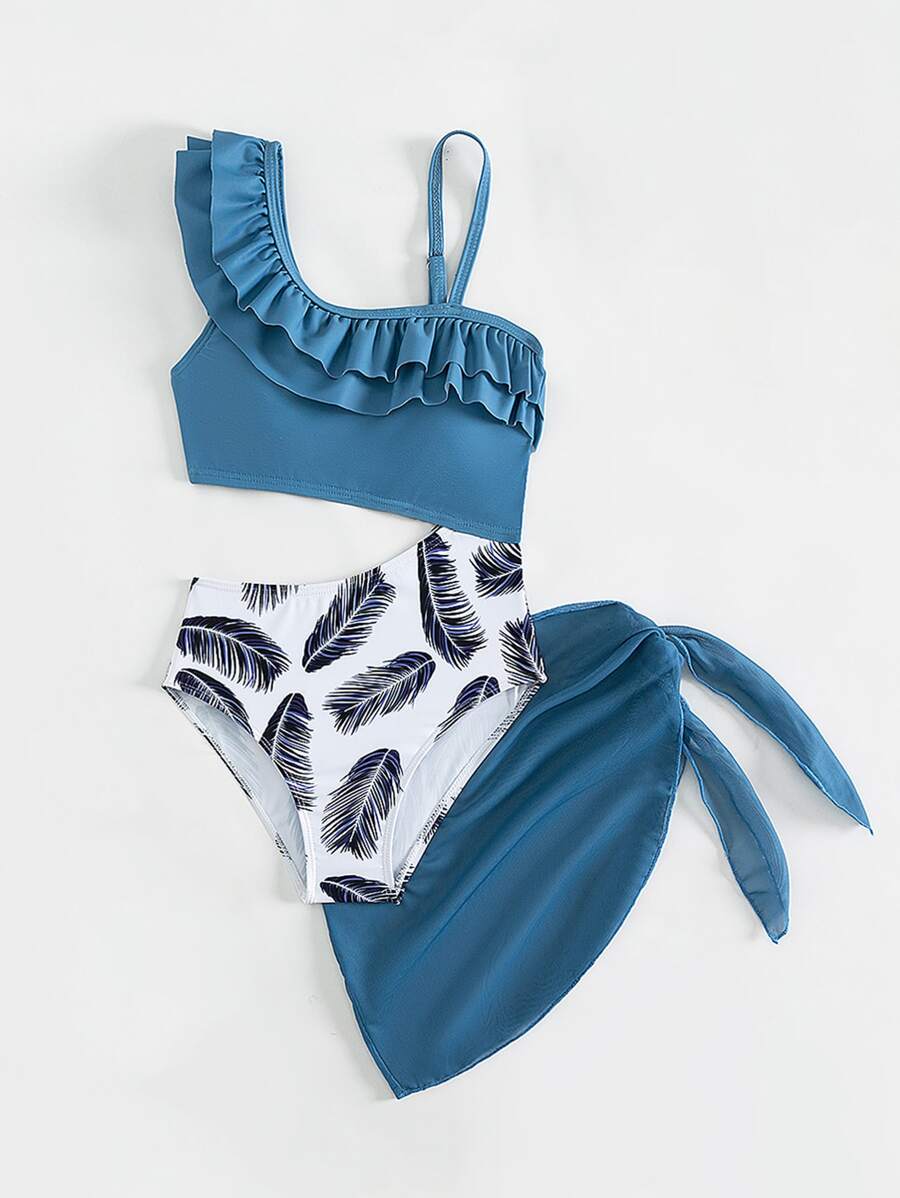 Girls Feather Print Ruffle Trim One Piece Swimsuit With Beach Skirt - Blue and White - View 1
