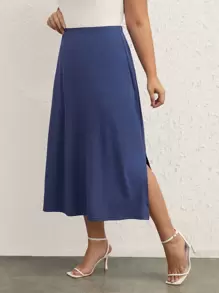 SHEIN BASICS Plus Solid Split Hem Skirt - Blue - View 5