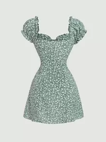 SHEIN MOD 碎花褶邊連衣裙 - 綠色 - 查看 2