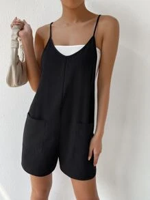 SHEIN EZwear 雙口袋吊帶連體短褲不附抹胸 - 黑色 - 查看 7