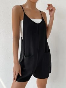 SHEIN EZwear 雙口袋吊帶連體短褲不附抹胸 - 黑色 - 查看 4