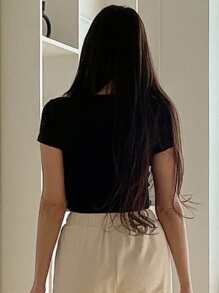 DAZY Sweetheart Neck Ribbed Knit Tee - Black - View 2