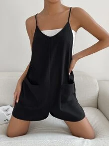 SHEIN EZwear 雙口袋吊帶連體短褲不附抹胸 - 黑色 - 查看 5