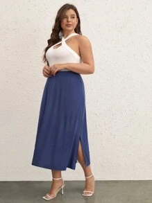SHEIN BASICS Plus Solid Split Hem Skirt - Blue - View 2