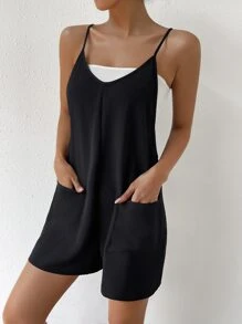 SHEIN EZwear 雙口袋吊帶連體短褲不附抹胸 - 黑色 - 查看 3