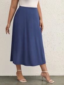 SHEIN BASICS Plus Solid Split Hem Skirt - Blue - View 6