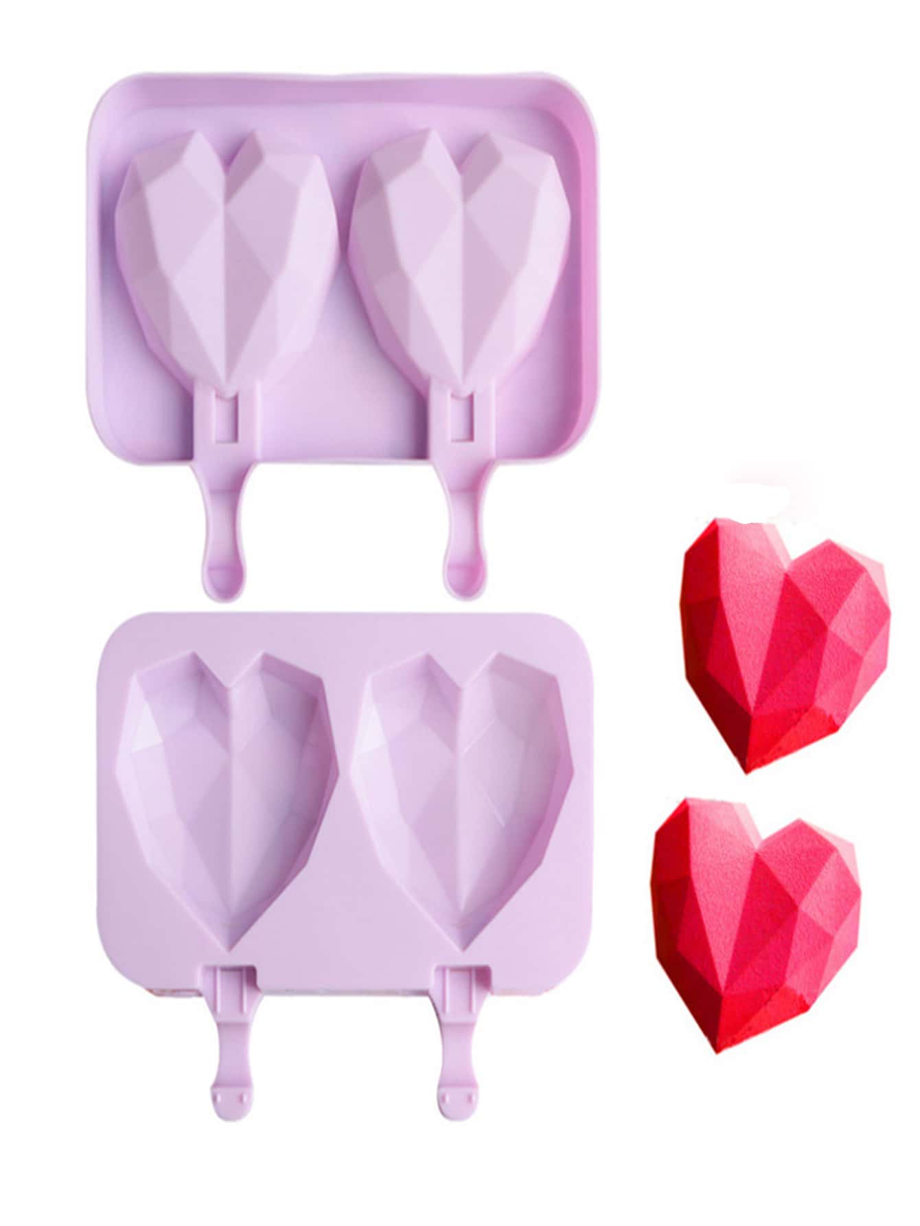 2pcs Heart Design Ice Pop Mold, Simple Diamond Heart Design Silicone Popsicle Mold For Kitchen - Mauve Purple - View 1