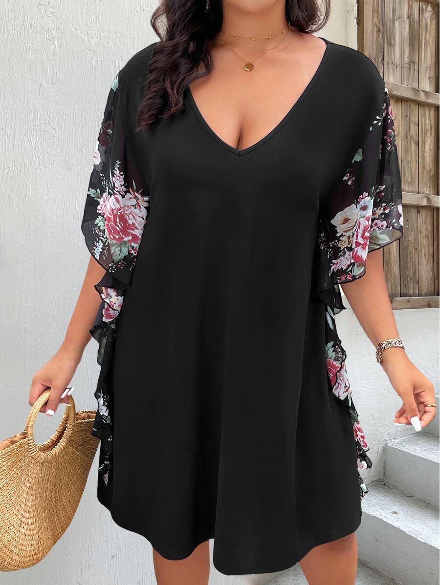 SHEIN LUNE Vestido con estampado floral ribete con fruncido