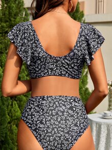 SHEIN Maternity Plants Print Ruffle Trim Bikini Set Summer Beach - Black and White - View 2