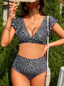 SHEIN Maternity Plants Print Ruffle Trim Bikini Set Summer Beach - Black and White - View 4